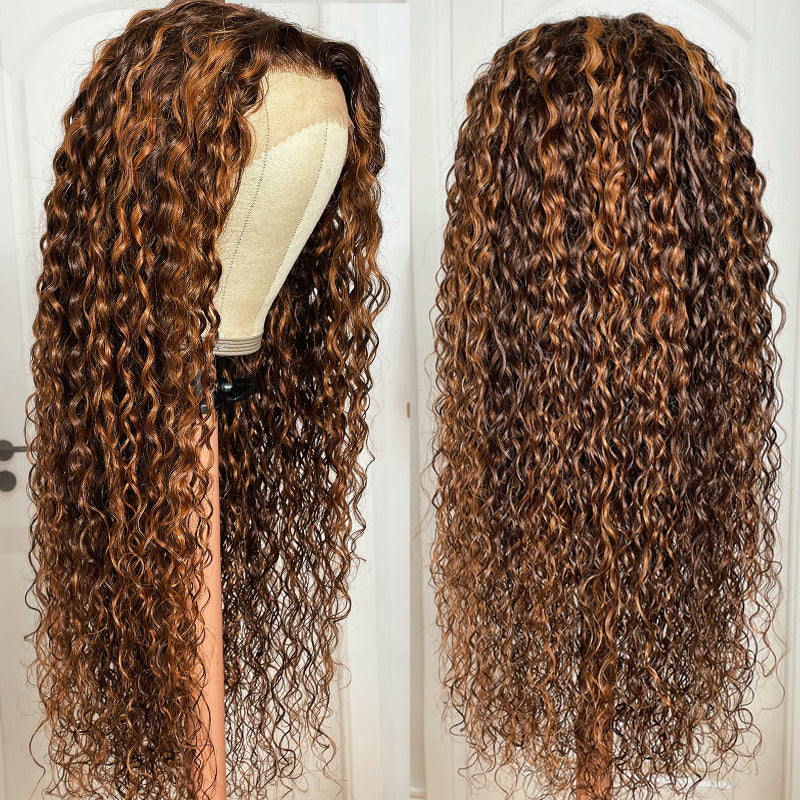 Sunber Piano Brown Highlight Big Curly 13*4 Lace Frontal Wigs Balayage Water Wave Human Hair