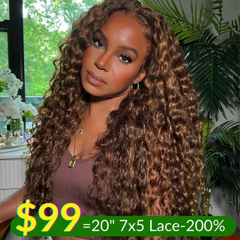 Sunber Piano Brown Highlight Curly 7x5 Bye Bye Knots Pre Cut Lace Water Wave Wig With Invisi Drawstring Flash Sale