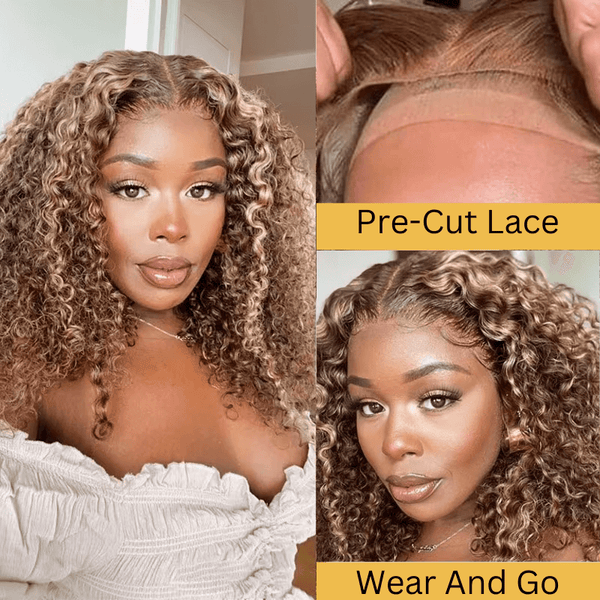 Sunber Jerry Curly Ombre Honey Blonde Highlight 7x5 Bye Bye Knots Pre-Cut Lace Closure Wig Pre-plucked