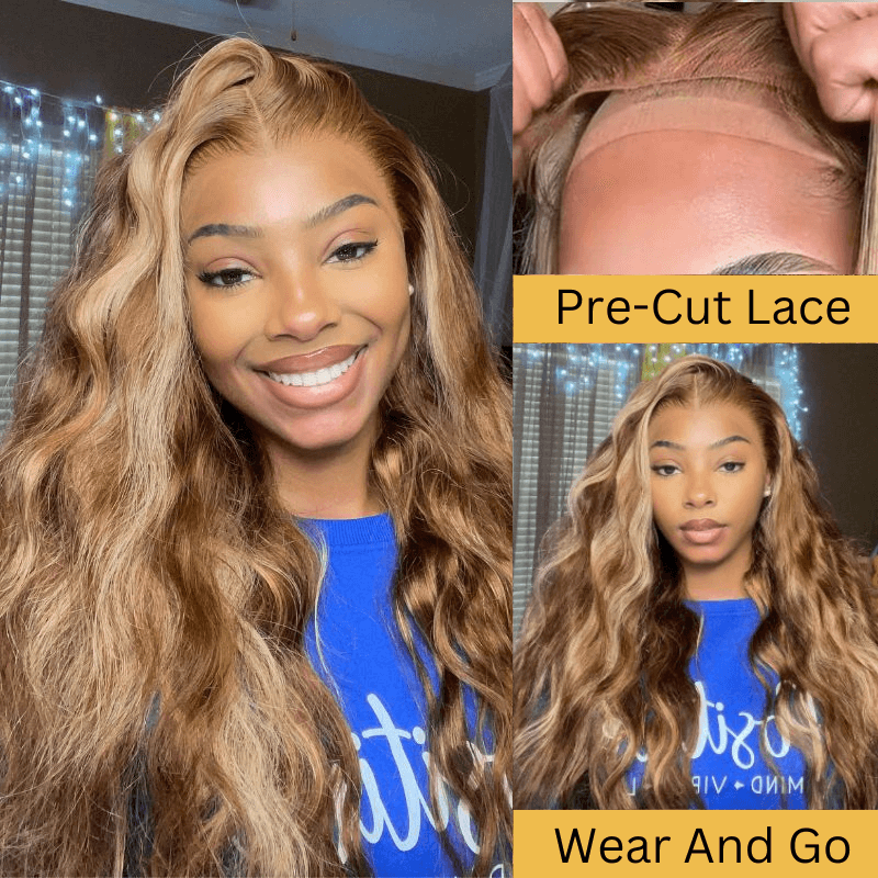 Sunber Body Wave Honey Blonde Highlights 6x4.75 Pre-Cut Lace Closure Human Hair Wig