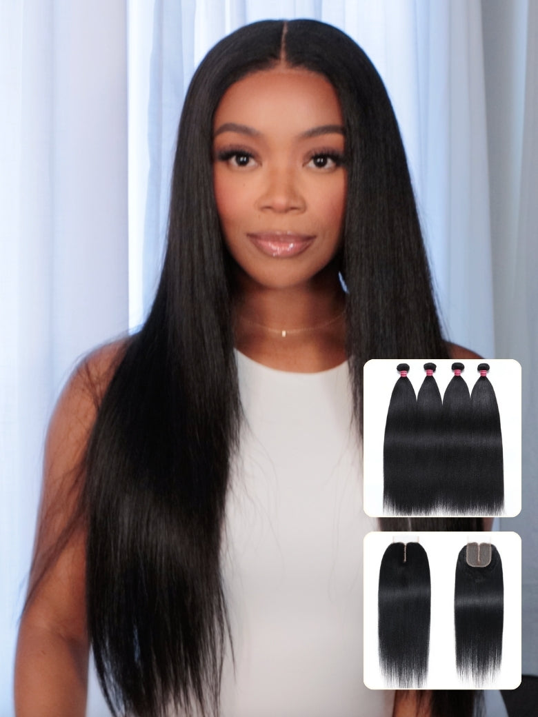 Flash Sale Sunber Yaki Straight Natural Black 3 Bundles With 4x4 Swiss Lace Closure