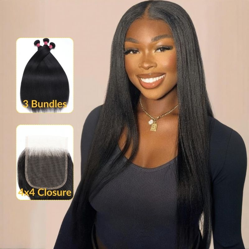 Flash Sale Sunber Yaki Straight Natural Black 3 Bundles With 4x4 Swiss Lace Closure