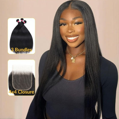 Flash Sale Sunber Yaki Straight Natural Black 3 Bundles With 4x4 Swiss Lace Closure