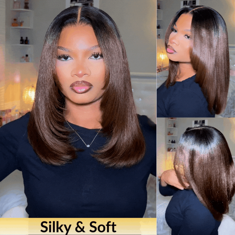 Sunber Put On and Go 7x5 Bye-Bye Knots Ombre Chestnut Brown Yaki Straight Short Bob Wig