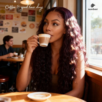 Sunber Water Wave 13x4 Pre Everything Lace Frontal Black Cherry Dark Burgundy Wig With Invisi Drawstring