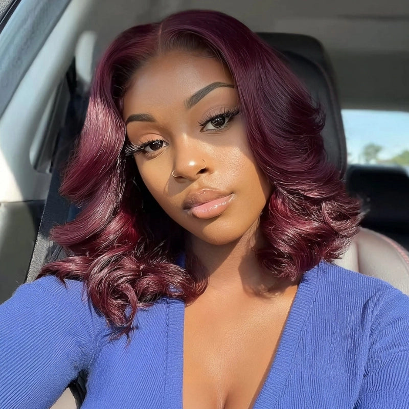 Flash Sale Sunber Black Cherry Short Bob 7x5 Pre Cut Blow Out Lace Wig With Face-Framing Curtain Bangs