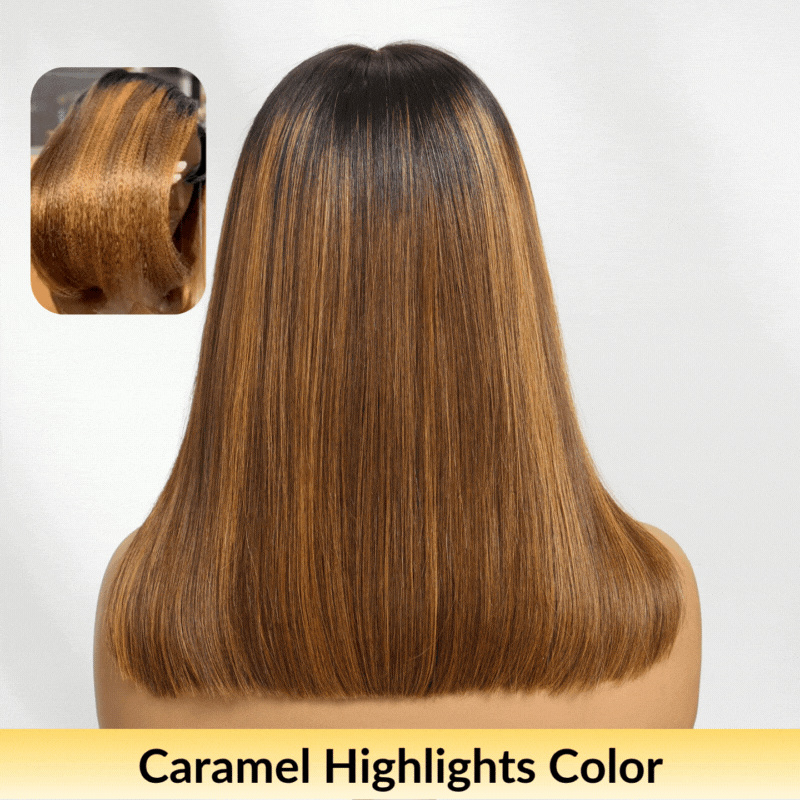 Flash Sale Sunber Caramel Highlights On Blonde 7x5/13x4 Pre Cut Lace Straight Bob Hair Wig With Dark Roots