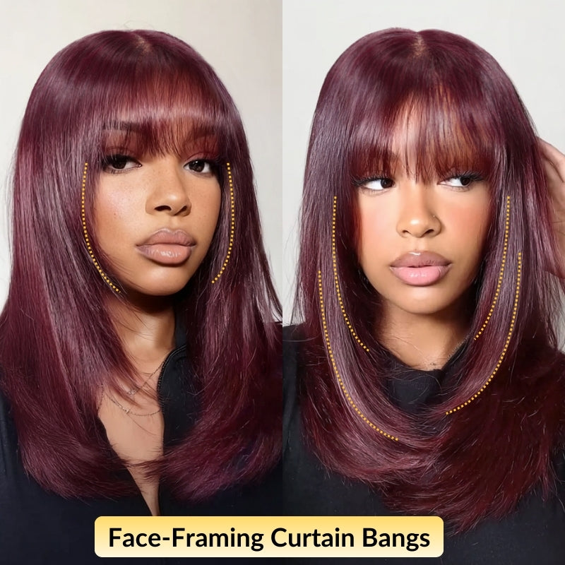 Sunber Purple Black Cherry Wispy Bangs 7x5 Pre Cut Lace Bob Wig With Face-framing Layers