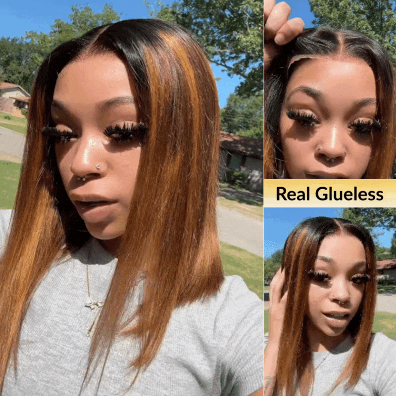 Flash Sale Sunber Caramel Highlights On Blonde 7x5/13x4 Pre Cut Lace Straight Bob Hair Wig With Dark Roots