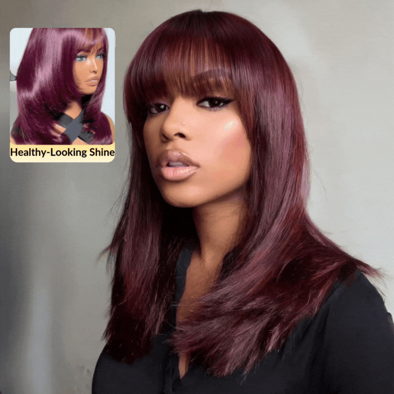Sunber Purple Black Cherry Wispy Bangs 7x5 Pre Cut Lace Bob Wig With Face-framing Layers