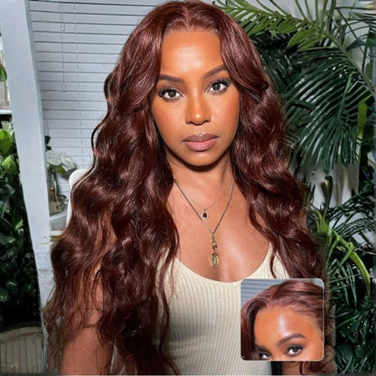 Sunber Body Wave Shake And Go Wigs 150% Density Reddish Brown 7x5 Bye Bye Knots Pre-Cut Lace Human Hair Wigs With Pre-Plucked