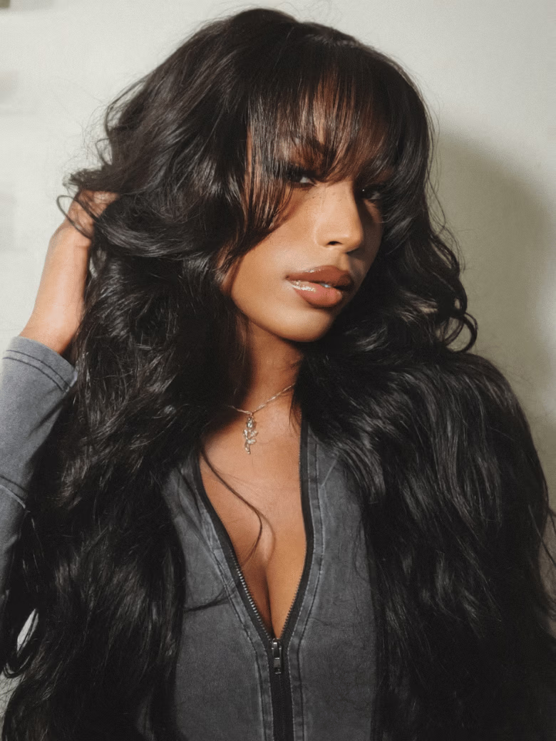 Sunber Pre-Everything 13x4 Lace Frontal Loose Wave Wigs with Bangs-Fluffy Hair  3D Dome Cap & Glueless