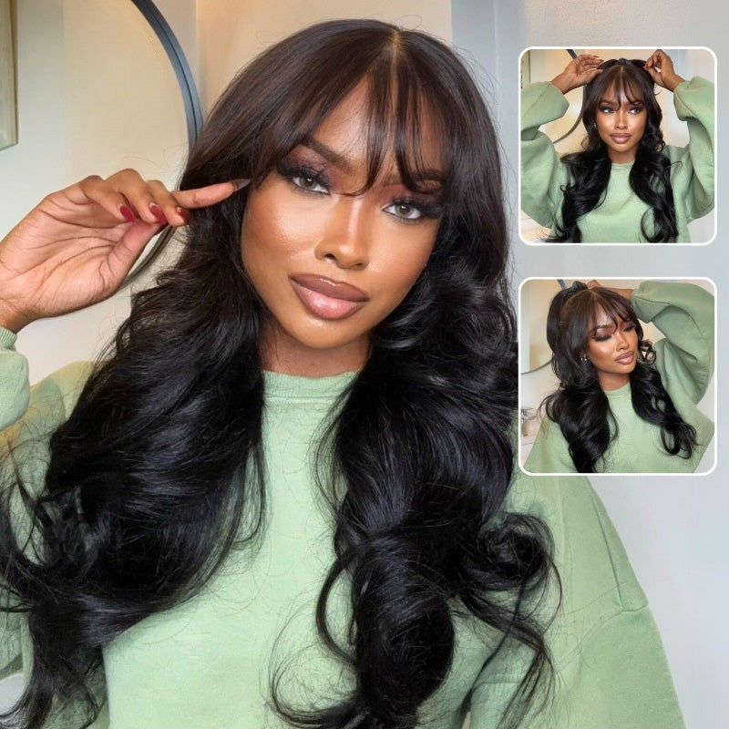 Sunber Pre-Everything 13x4 Lace Frontal Loose Wave Wigs with Bangs-Fluffy Hair  3D Dome Cap & Glueless