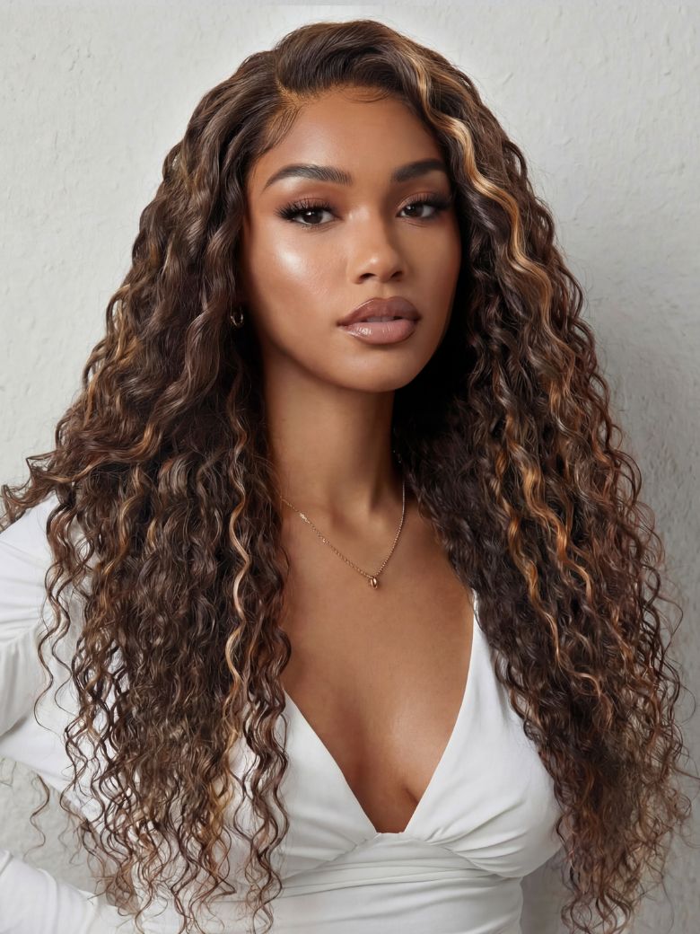 Sunber Piano Brown Highlight Curly 7x5 Bye Bye Knots Pre Cut Lace Water Wave Wig With Invisi Drawstring Flash Sale