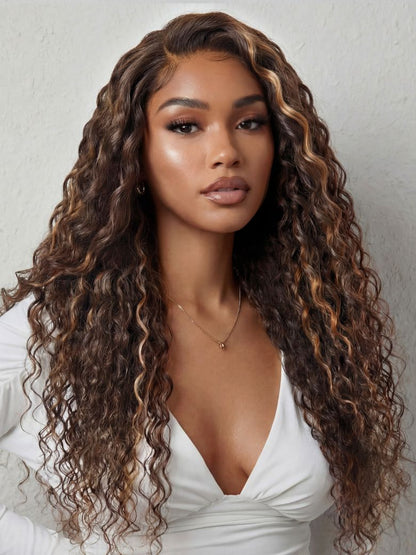 Sunber Piano Brown Highlight Curly 7x5 Bye Bye Knots Pre Cut Lace Water Wave Wig With Invisi Drawstring Flash Sale
