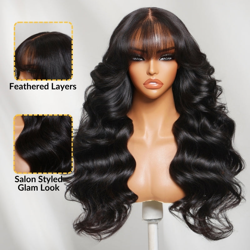 Sunber 7X5 Pre Cut Soft Yaki Texture Face-Framing Feathered Layers with Curtain Bangs Lace Wig With Invisi Drawstring
