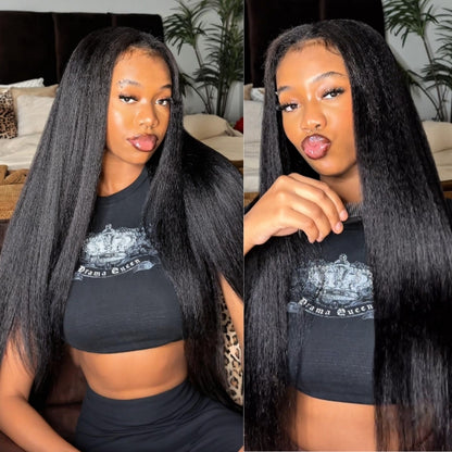 Sunber Yaki Straight 7x5 Glueless Lace Wig With Elastic Drawstring -Pull And Go &amp; Bleach Knots &amp; Pre-cut