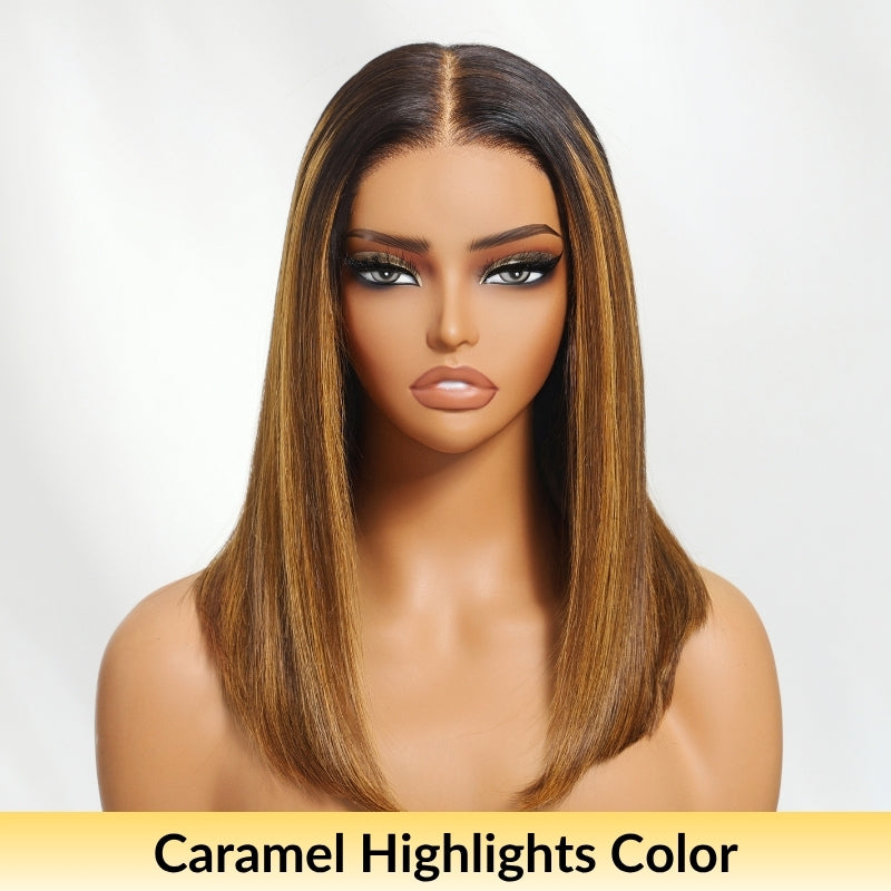 Flash Sale Sunber Caramel Highlights On Blonde 7x5/13x4 Pre Cut Lace Straight Bob Hair Wig With Dark Roots