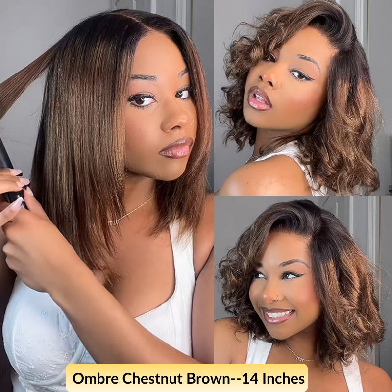 Flash Sale Sunber Caramel Highlights On Blonde 7x5/13x4 Pre Cut Lace Straight Bob Hair Wig With Dark Roots