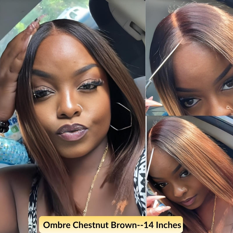 Flash Sale Sunber Caramel Highlights On Blonde 7x5/13x4 Pre Cut Lace Straight Bob Hair Wig With Dark Roots