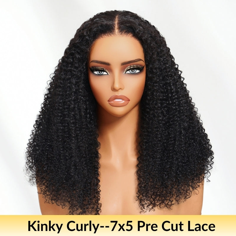 Sunber Kinky Curly 7x5 Pre Cut Lace Put On And Go Skin Melt Wigs Natural Hairline Flash Sale