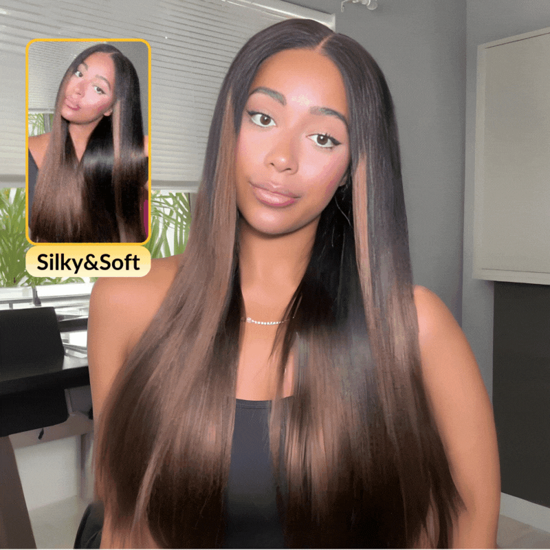Sunber 7x5 Glueless Lace Black to Chestnut Brown Ombre Loose Wave Wig With Bleached Knots