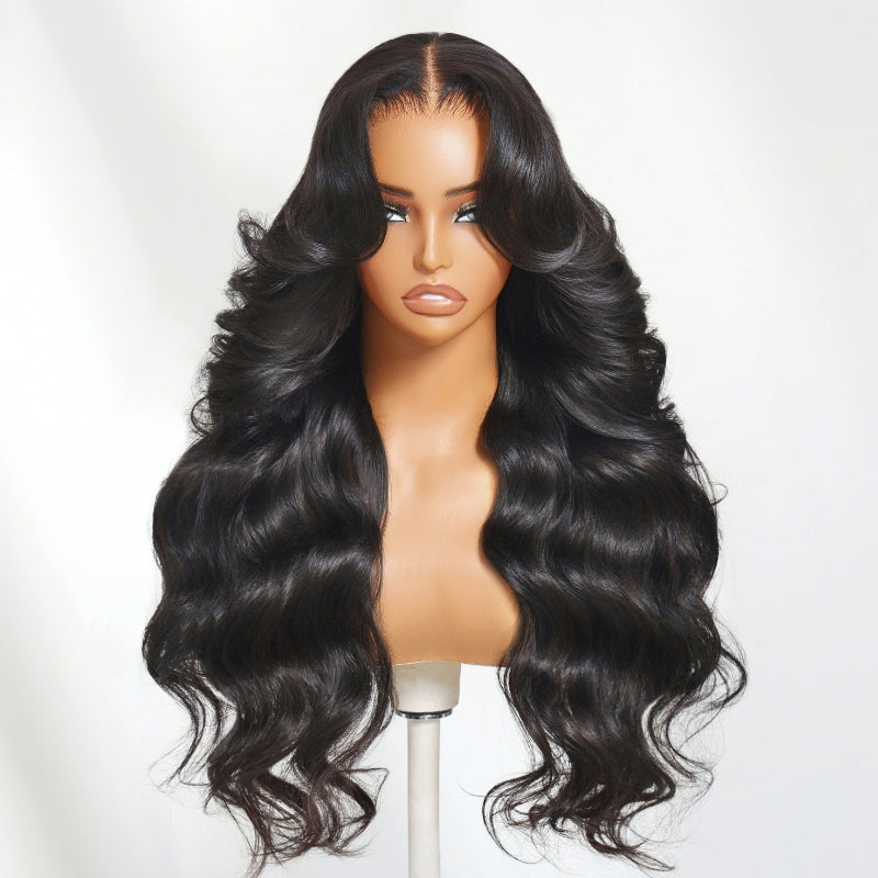 Sunber Long Layered Body Wave 5X5 HD Pre Cut Lace Wig With Face Framing Curtain Bangs