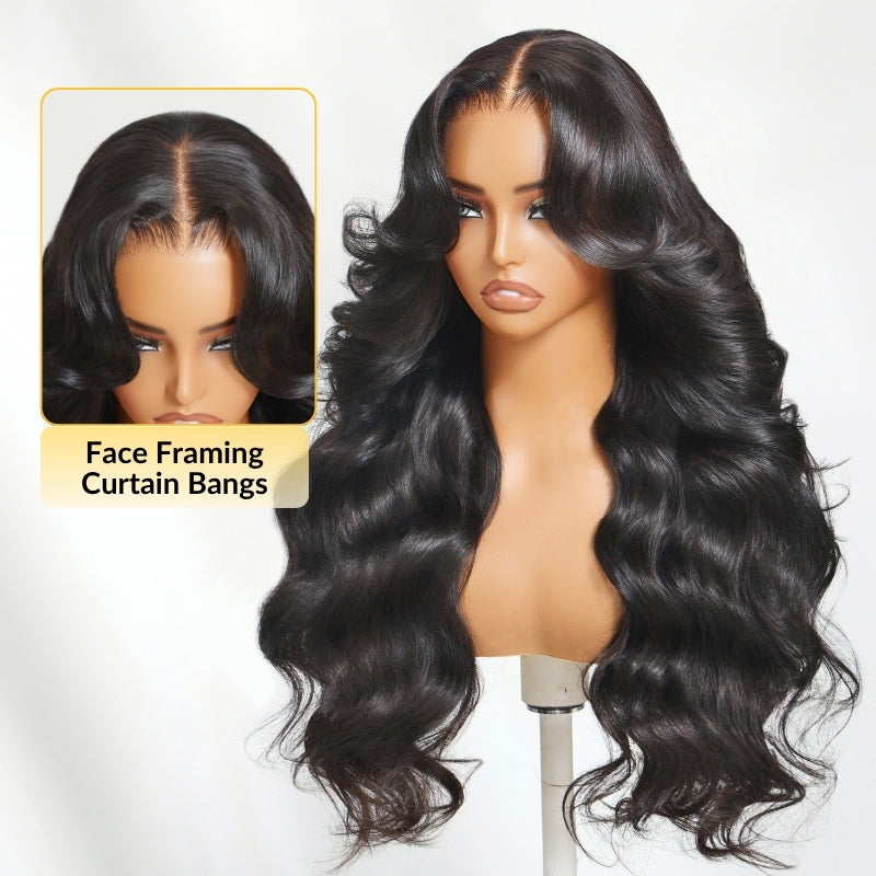 Sunber Long Layered Body Wave 5X5 HD Pre Cut Lace Wig With Face Framing Curtain Bangs