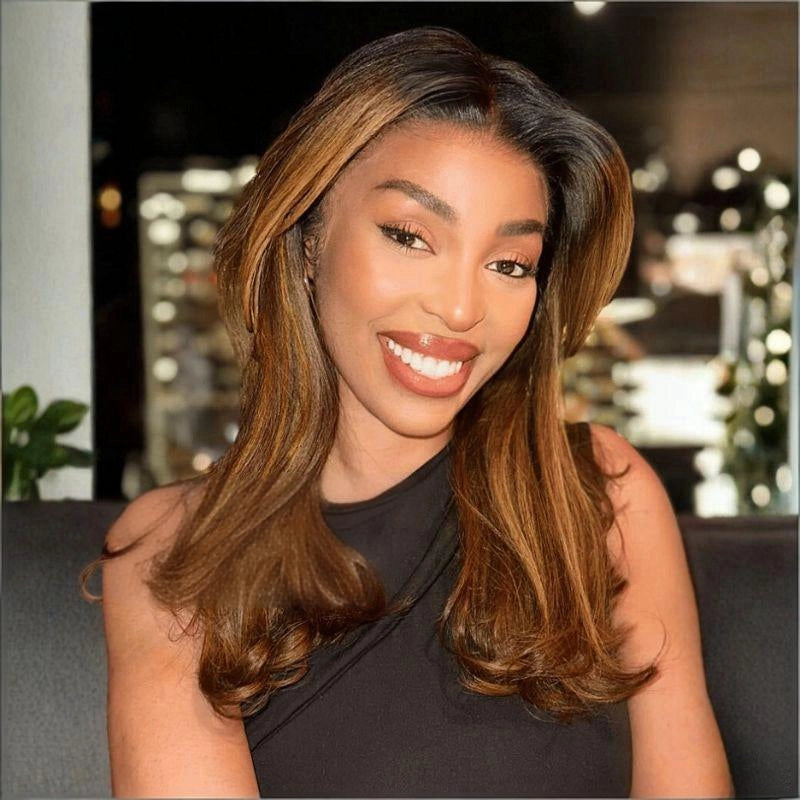 Flash Sale Sunber Caramel Highlights On Blonde 7x5/13x4 Pre Cut Lace Straight Bob Hair Wig With Dark Roots