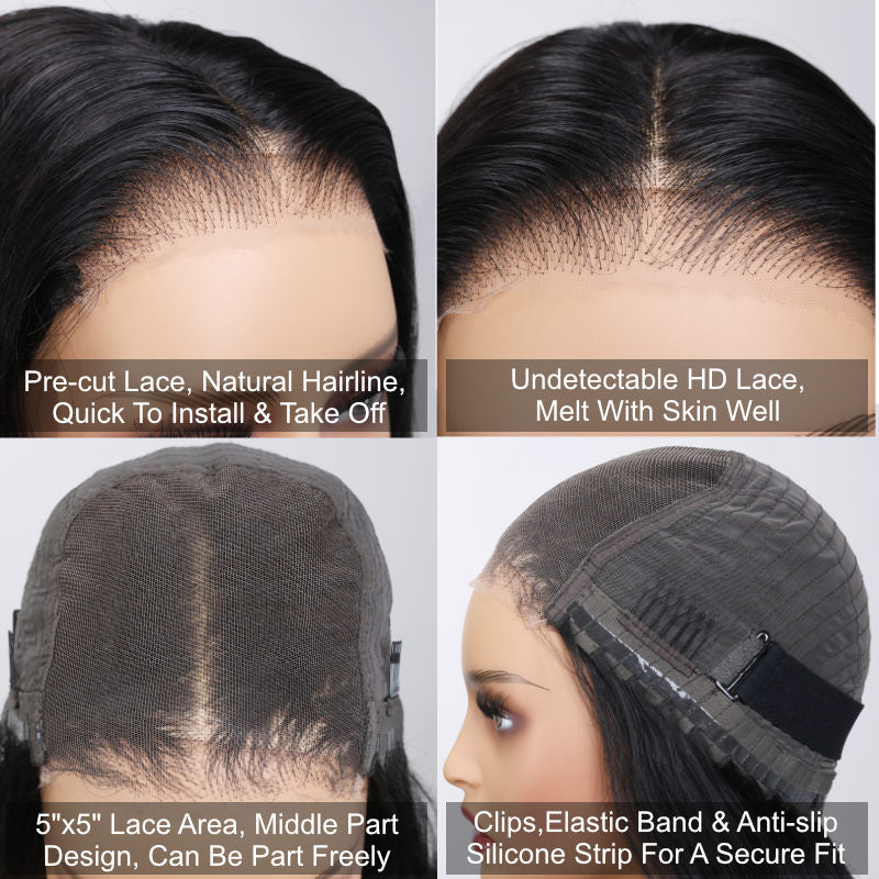 Sunber 5x5 Pre Cut HD Lace Wigs Body Wave Human Hair Wear And Go Glueless Wigs-cap details