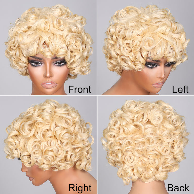 sunber blonde human hair short big curly bob wig with bangs- bouncy rose curls replacement wig