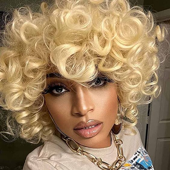 Sunber Short Blonde Bouncy Curly Bob Wig With Bangs Rose Curly Human Hair Glueless Wear And Go Wigs-blonde rose curls