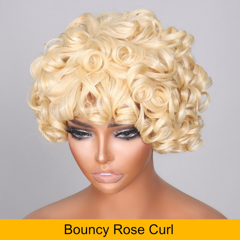 Sunber Short Blonde Bouncy Curly Bob Wig With Bangs Rose Curly Human Hair Glueless Wear And Go Wigs-Rose Curl Fringe Bob Wig