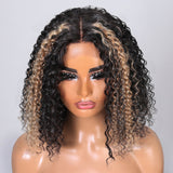 Sunber Hair Blonde Highlights On Dark Hair Bob Wig Jerry Curly Human Hair Lace Wig-front display