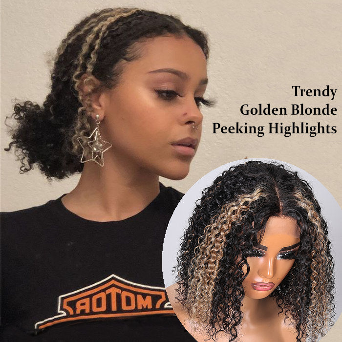 Sunber Black Jerry Curly Bob Wigs With Blonde Balayage Highlights Human Hair 4x0.75 Middle Part Lace Wigs-model-wig