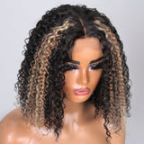 Sunber Hair Blonde Highlights On Dark Hair Bob Wig Jerry Curly Human Hair Lace Wig-middle part design