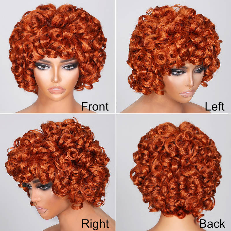 Sunber Bouncy Rose Curl Short Orange Bob Wig With Bangs Copper Red Human Hair Glueless Wear And Go Wigs-big curly wig show