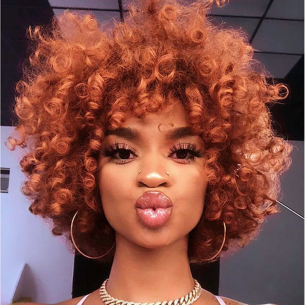 Sunber Bouncy Rose Curl Short Orange Bob Wig With Bangs Copper Red Human Hair Glueless Wear And Go Wigs-big curly wigs