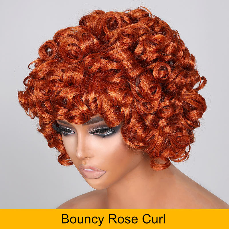 Sunber Bouncy Rose Curl Short Orange Bob Wig With Bangs Copper Red Human Hair Glueless Wear And Go Wigs-afro big curls