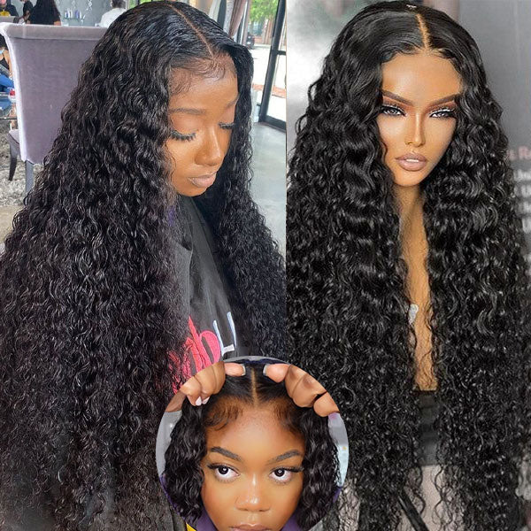 Flash Sale Sunber Water Wave 7*5 Pre-Cut Lace Glueless Wig Grab And Go Human Hair HD Lace Wigs With Natural Black Color