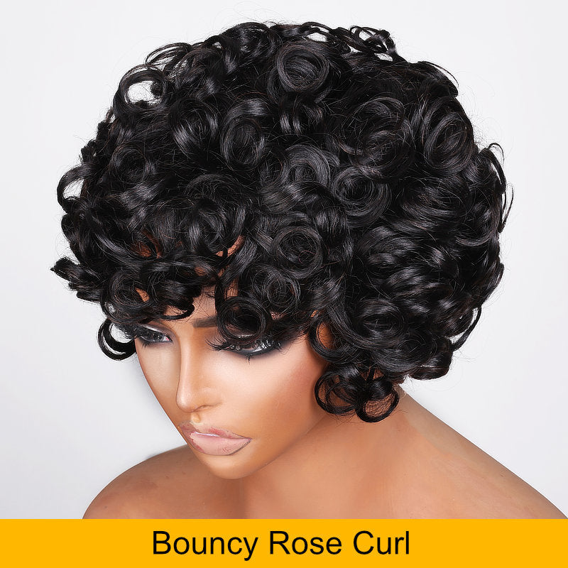Sunber Bouncy Rose Curl Short Bob Wig With Bangs Natural Black Human Hair Glueless Wear And Go Wigs-big curly wig