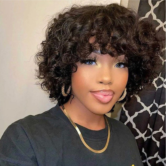 Sunber Bouncy Rose Curl Short Bob Wig With Bangs Natural Black Human Hair Glueless Wear And Go Wigs