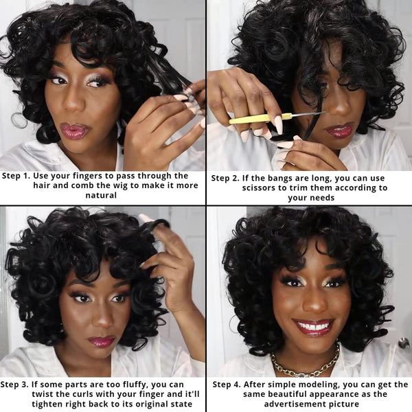 Sunber Bouncy Rose Curl Short Bob Wig With Bangs Natural Black Human Hair Glueless Wear And Go Wigs-wearing tips