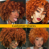 Sunber Bouncy Rose Curl Short Orange Bob Wig With Bangs Copper Red Human Hair Glueless Wear And Go Wigs-orange-big curly hair model show
