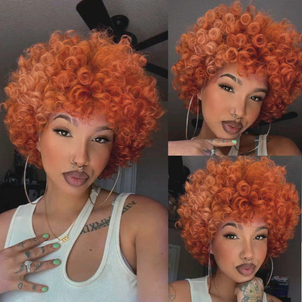 Sunber Bouncy Rose Curl Short Orange Bob Wig With Bangs Copper Red Human Hair Glueless Wear And Go Wigs-loose curly wig