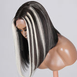 Sunber Black With Platinum Blonde Highlight Lob Straight Human Hair Bob With Babylights Middle Part Lace Wigs