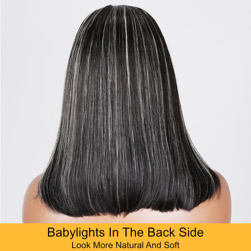 Sunber Black With Blonde Highlight Lob Straight Human Hair Bob With Babylights Middle Part Lace Wigs With Dark Roots