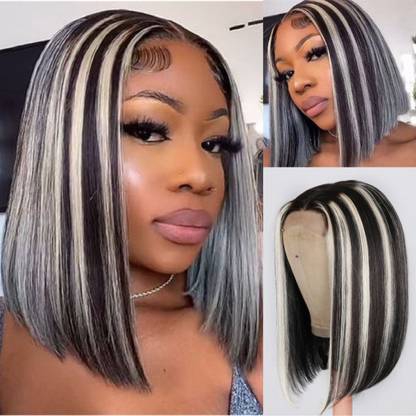Sunber Black With Blonde Highlight Lob Straight Human Hair Bob With Babylights Middle Part Lace Wigs