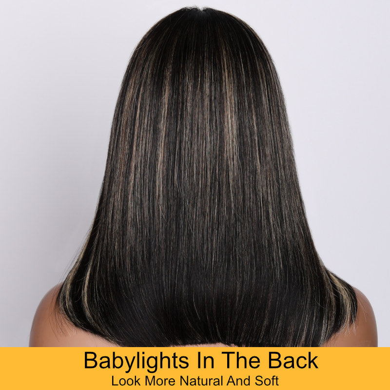 Sunber black straight hair LOB with golden blonde babylights 4x0.75 lace closure wig