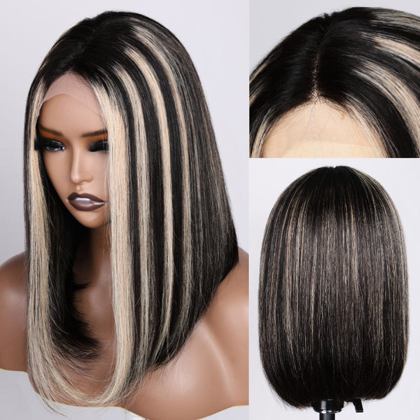 Sunber Face-Framing Chunky Highlights Bob With Dark Roots Straight Human Hair Middle Part Lace Closure Wigs With Babylights